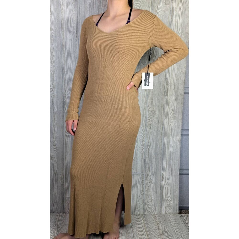 Callahan Knitwear Womens Medium Sweater Maxi Dress Brown V Neck Long Sleeve NWT